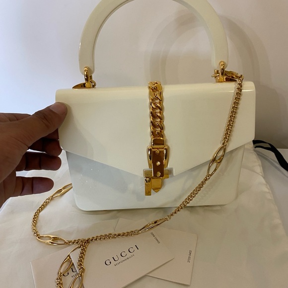 New GUCCI Plexiglass Mini Sylvie 1969 Top Handle Ivory White Chain Shoulder Bag - Picture 2 of 14